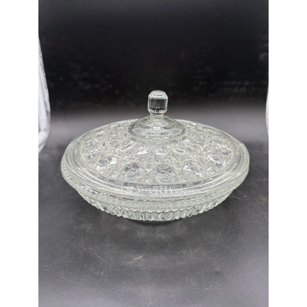 Vintage Clear Pressed Glass Thousand‎ Eye Candy Dish with Lid Round Compote